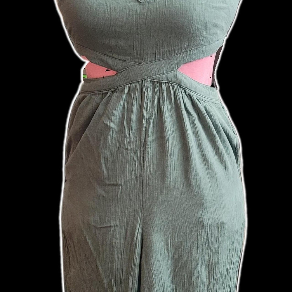 Aerie Boho Olive Green Cut Out Wide Leg Jumpsuit Smocked XS - Picture 2 of 6